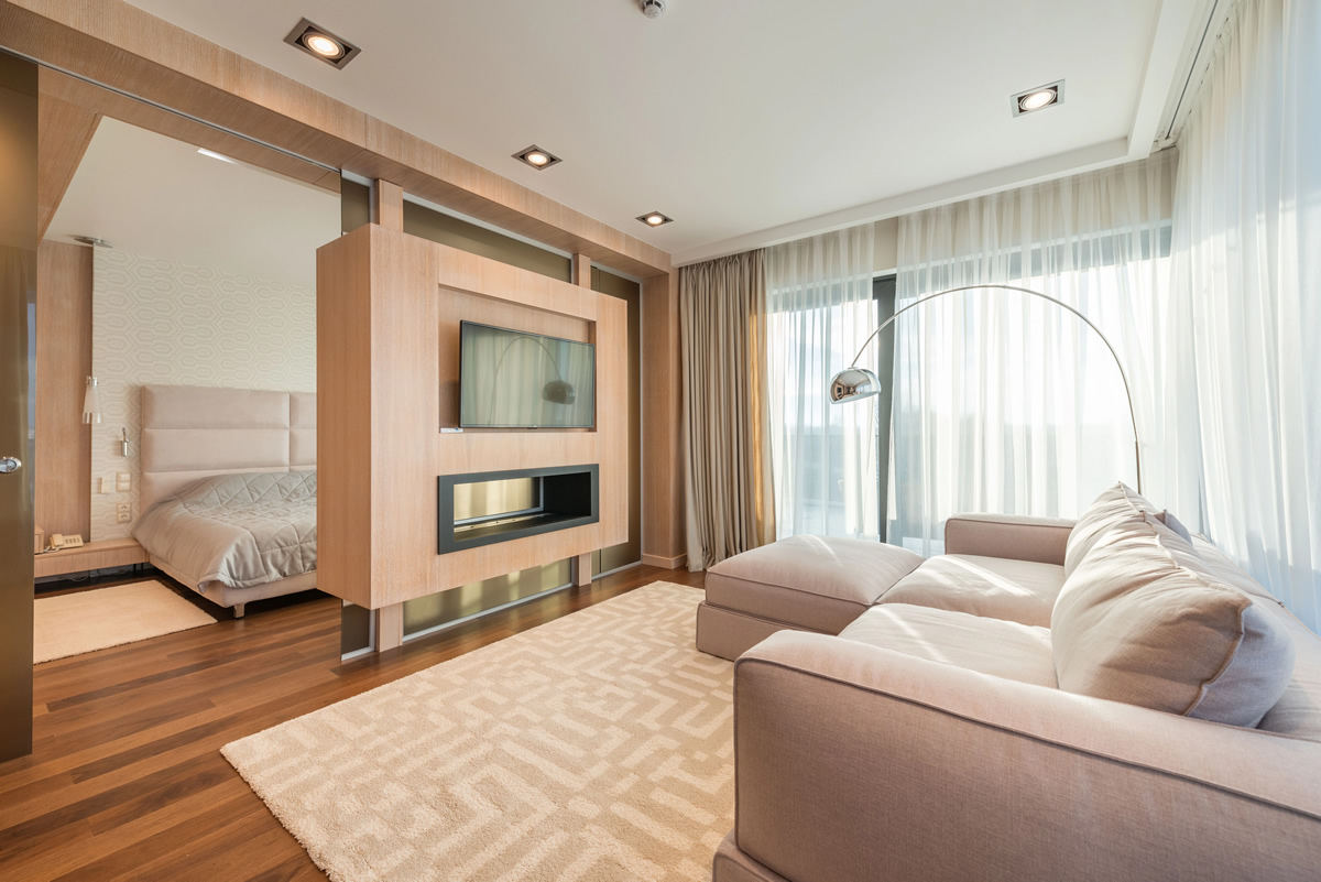 Mueble de pladur para TV y chimenea
